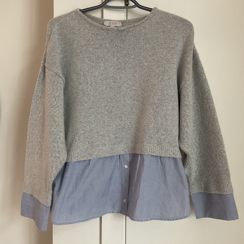 LifeStyler Smart looking Boxy Gray & blue pinstriped Sweater  with 3/4 sleeves